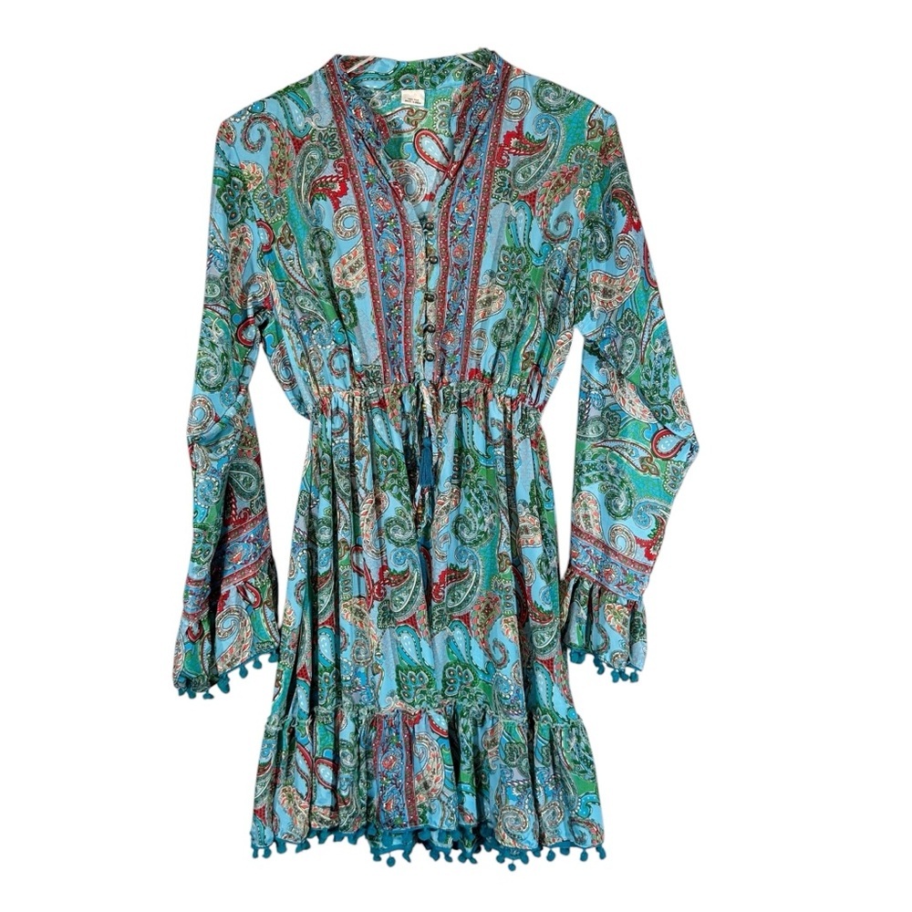 Multi Color Bohemian Paisley Long Sleeve Dress 100% Silk Pom-Pom Trim